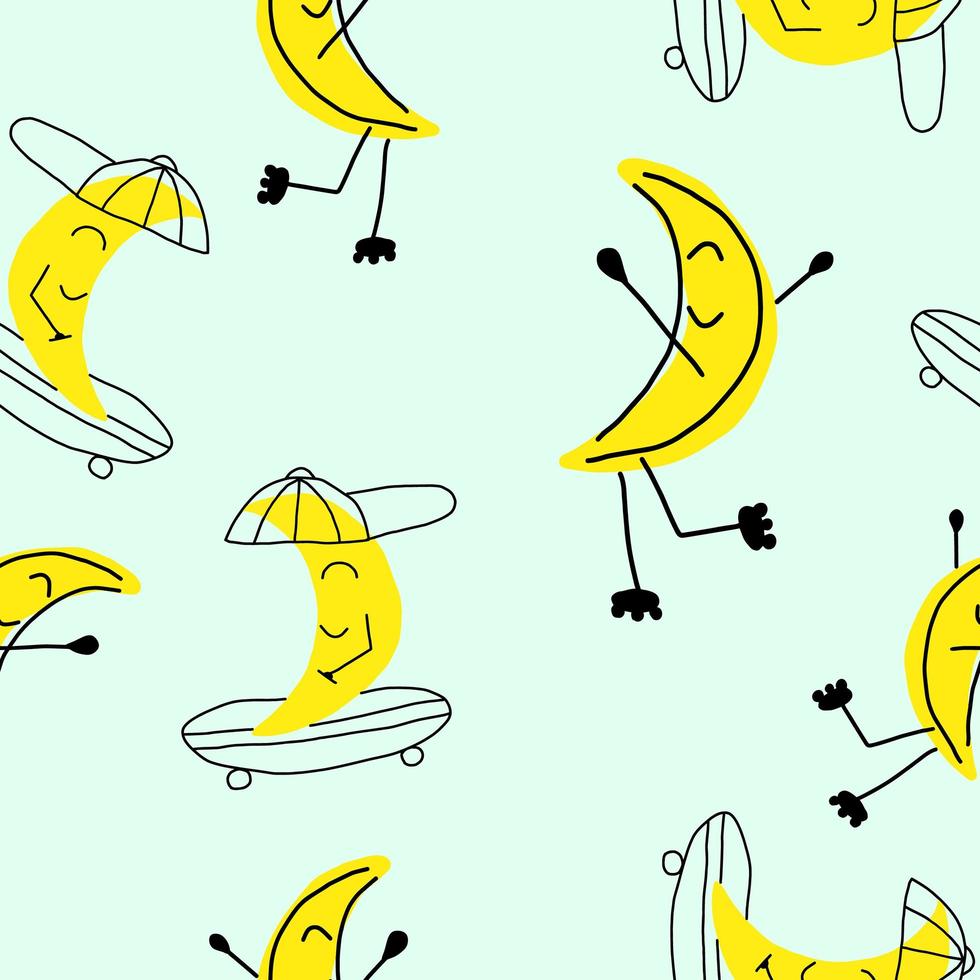 Cute pattern. Seamless vector design with smiling moon on skate and roller skates. Pattern for kids. Hand drawn.