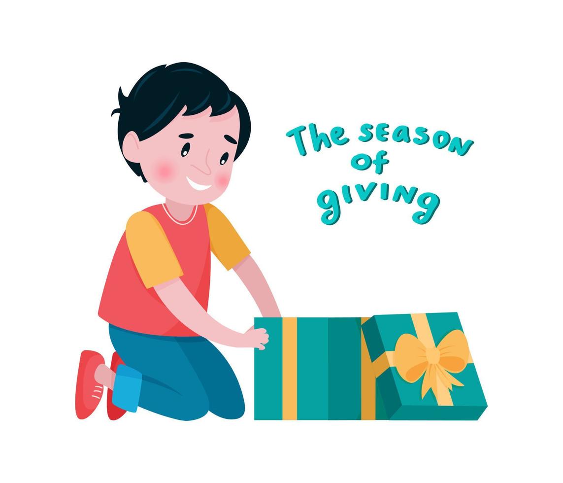 The boy takes out his present from an open gift box. Vector illustration in a flat style. Lettering The season of giving