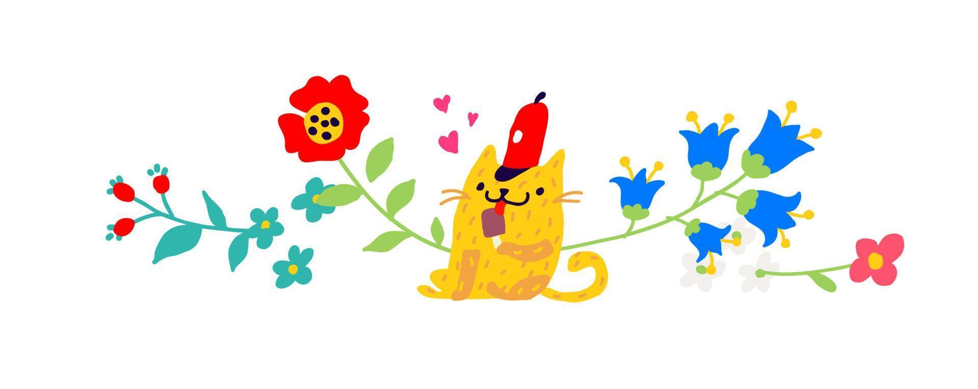 Ilustración de un gato amarillo con una gorra roja con un helado. vector. dibujos animados para niños, estilo doodle. ilustración para postal o felicitaciones. Instituciones para niños. adorno de flores. vector