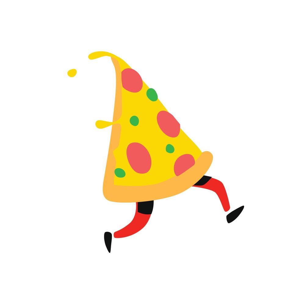 Ilustración de una rebanada de pizza en funcionamiento. vector. carácter para pizzería y comida rápida. un lindo héroe para tu startup. vector