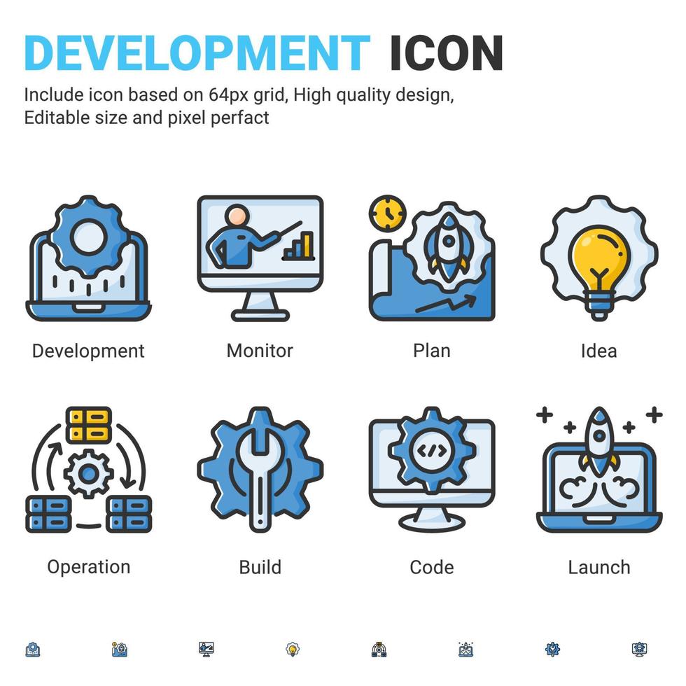 Vector devops icons set with outline color style isolated on white background. Icon IT operation and software development sign symbol concept for operate, software, app and technology. Editable stroke