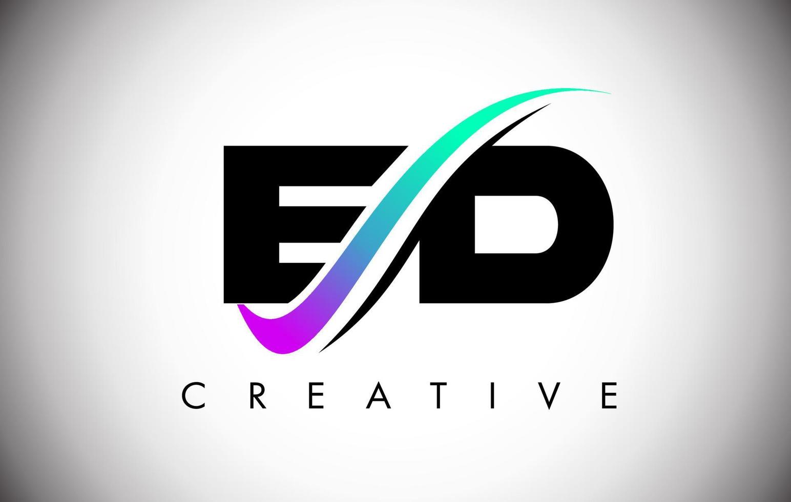 logotipo de letra ed con línea curva swoosh creativa y fuente en negrita y colores vibrantes vector