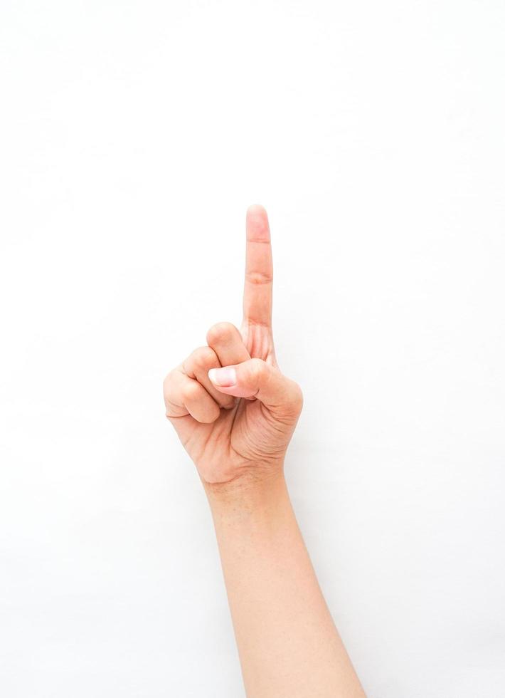 a hand gesture showing an index finger pointing up, meaning one or exclamation. collection of the sign language using hand gestures. photo