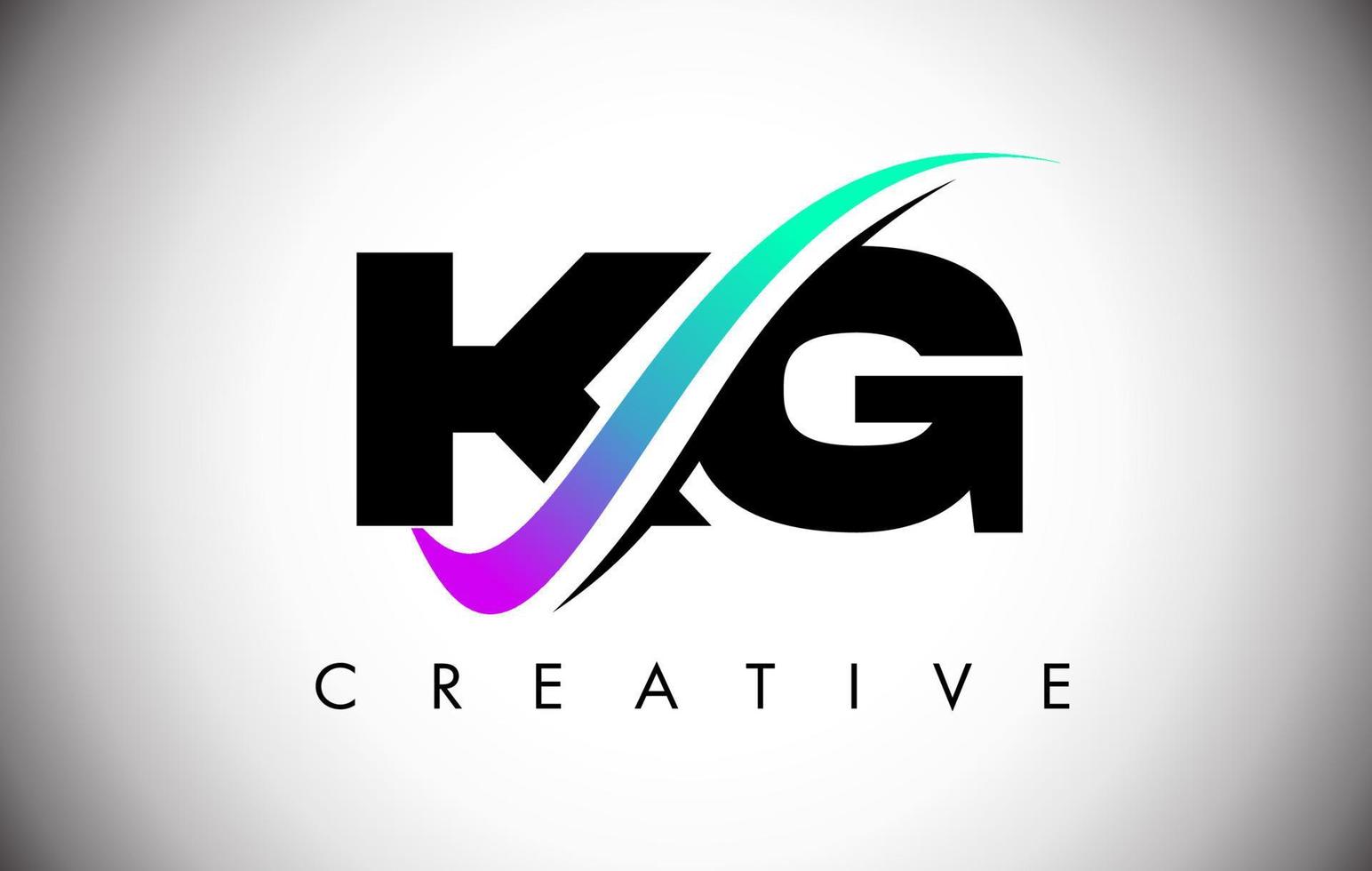 Logotipo de letra kg con línea curva swoosh creativa y fuente en negrita y colores vibrantes vector