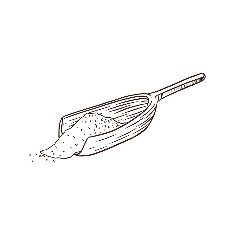 Wooden Scoop with White Powder. Engraved Illustration. Hand drawn spoon with white grains for logo, recipe, print, sticker, bakery menu design and decoration vector