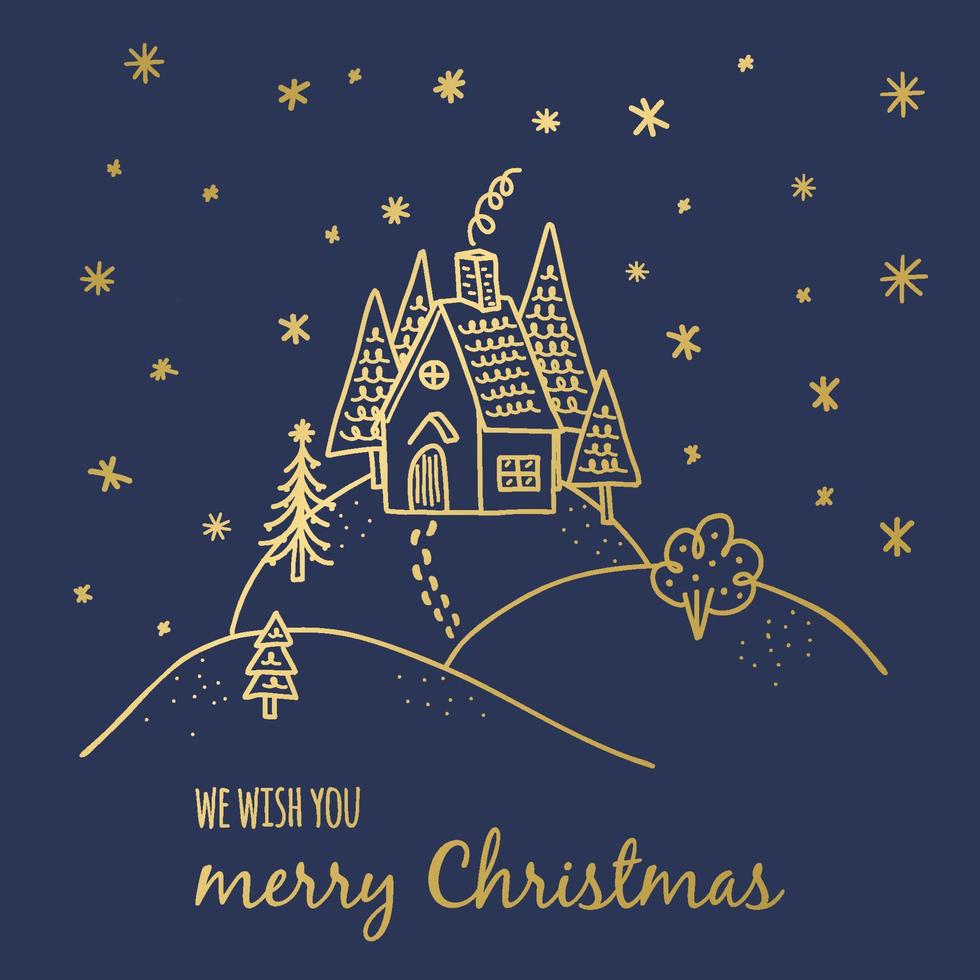 Christmas Greeting Card Template. Winter House on the hill doodle illustration for greeting and invitation cards design and decoration. Happy New Year Poster vector