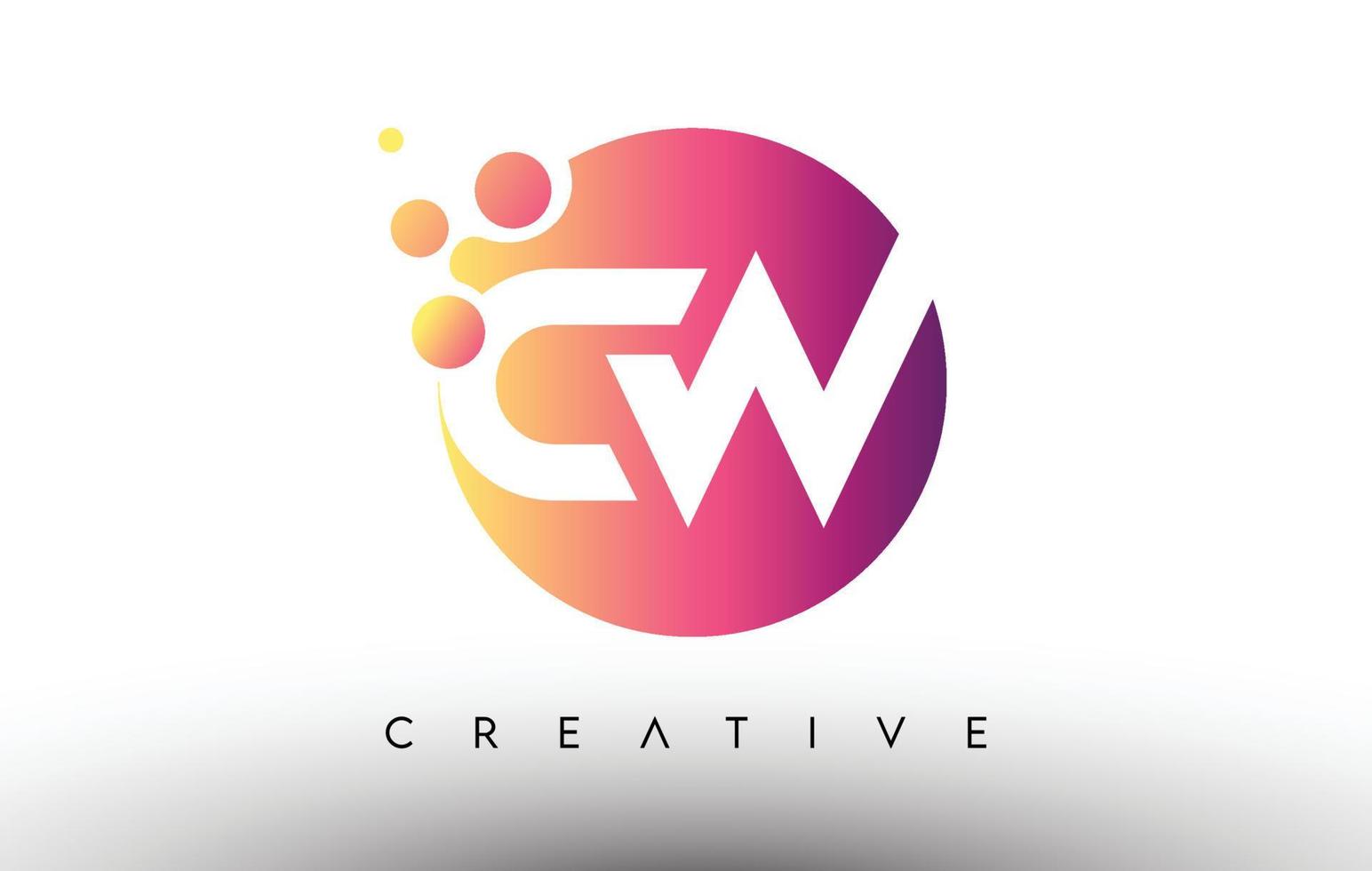 cw puntos burbujas letras en un círculo. Logotipo de diseño de letra cw con vector de colores naranja púrpura