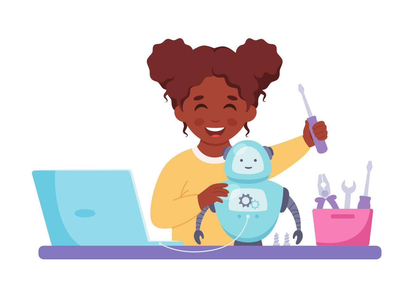 Little black girl building a robot. Robotics, programming and engineering for kids. vector
