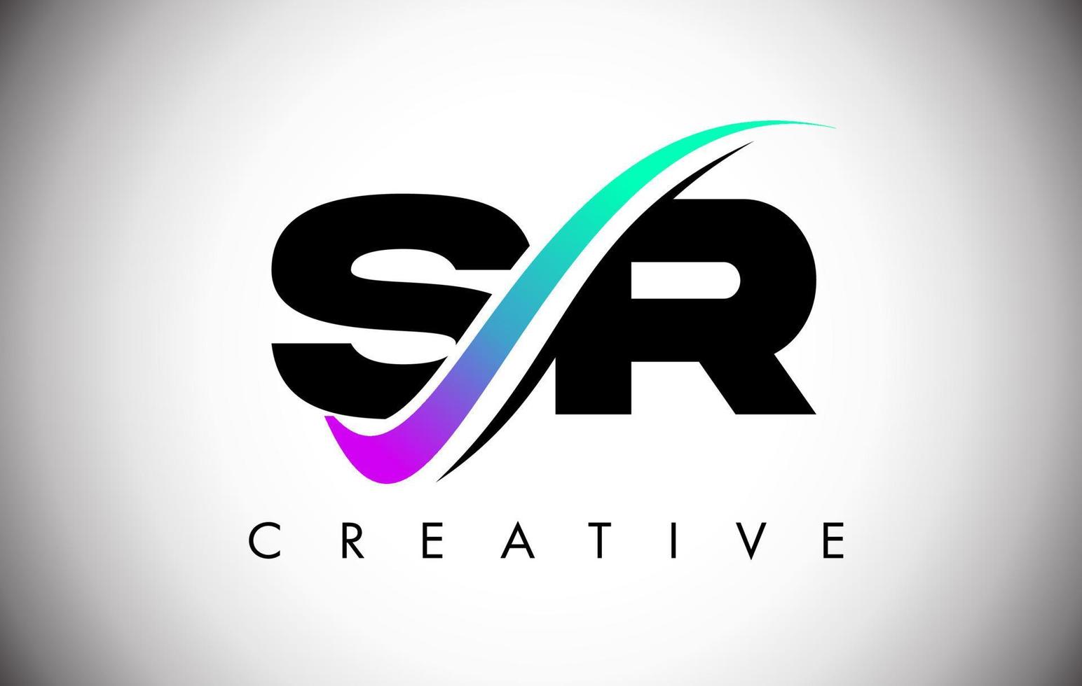 Logotipo de letra sr con línea curva swoosh creativa y fuente en negrita y colores vibrantes vector