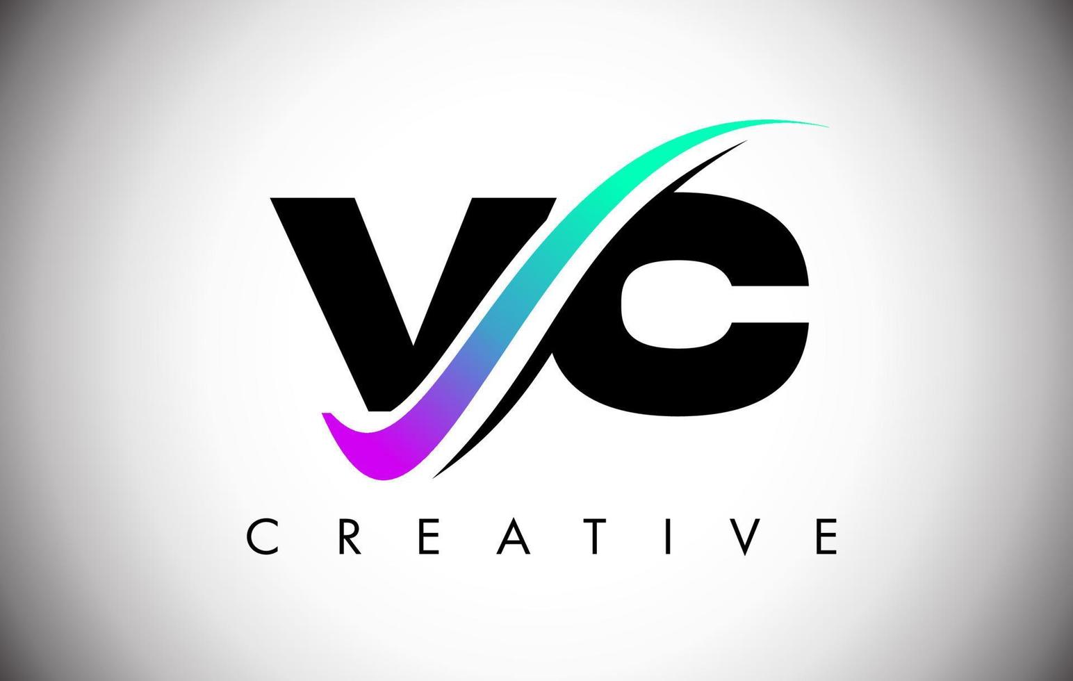 Logotipo de letra vc con línea curva swoosh creativa y fuente en negrita y colores vibrantes vector