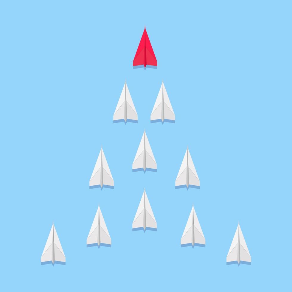 Leadership concept. Lead airplane stand out of other paper plane follower. Paper plane fly over blue background. Vector illustration