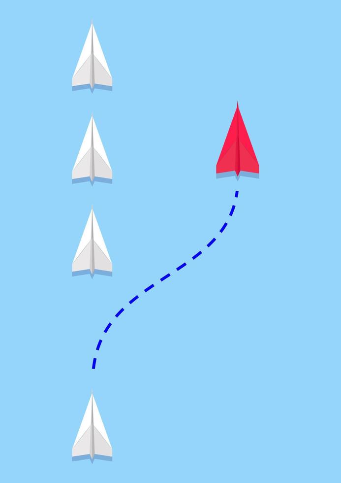 Think differently, leadership, trends, creative solution and unique way concept. Red paper plane changing direction from the group. Flat vector illustrations