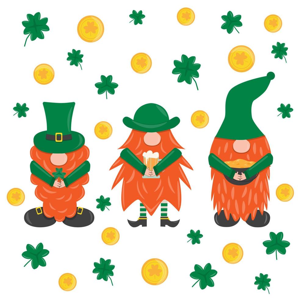 St Patricks Day set with leprechaun gnome Flat vector illustration