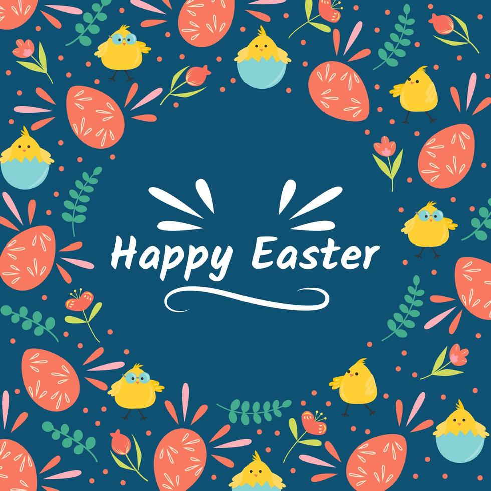 Happy Easter background with lovely chicken flowers and leaves Flat vector illustration