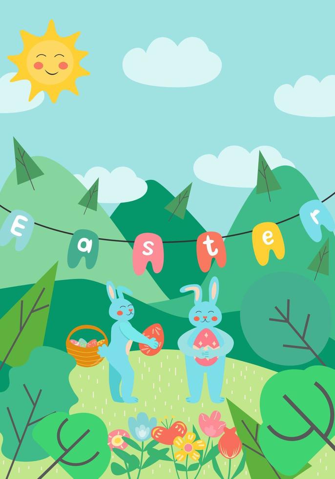 Concept for Easter Spring garden rabbits Flat vector background