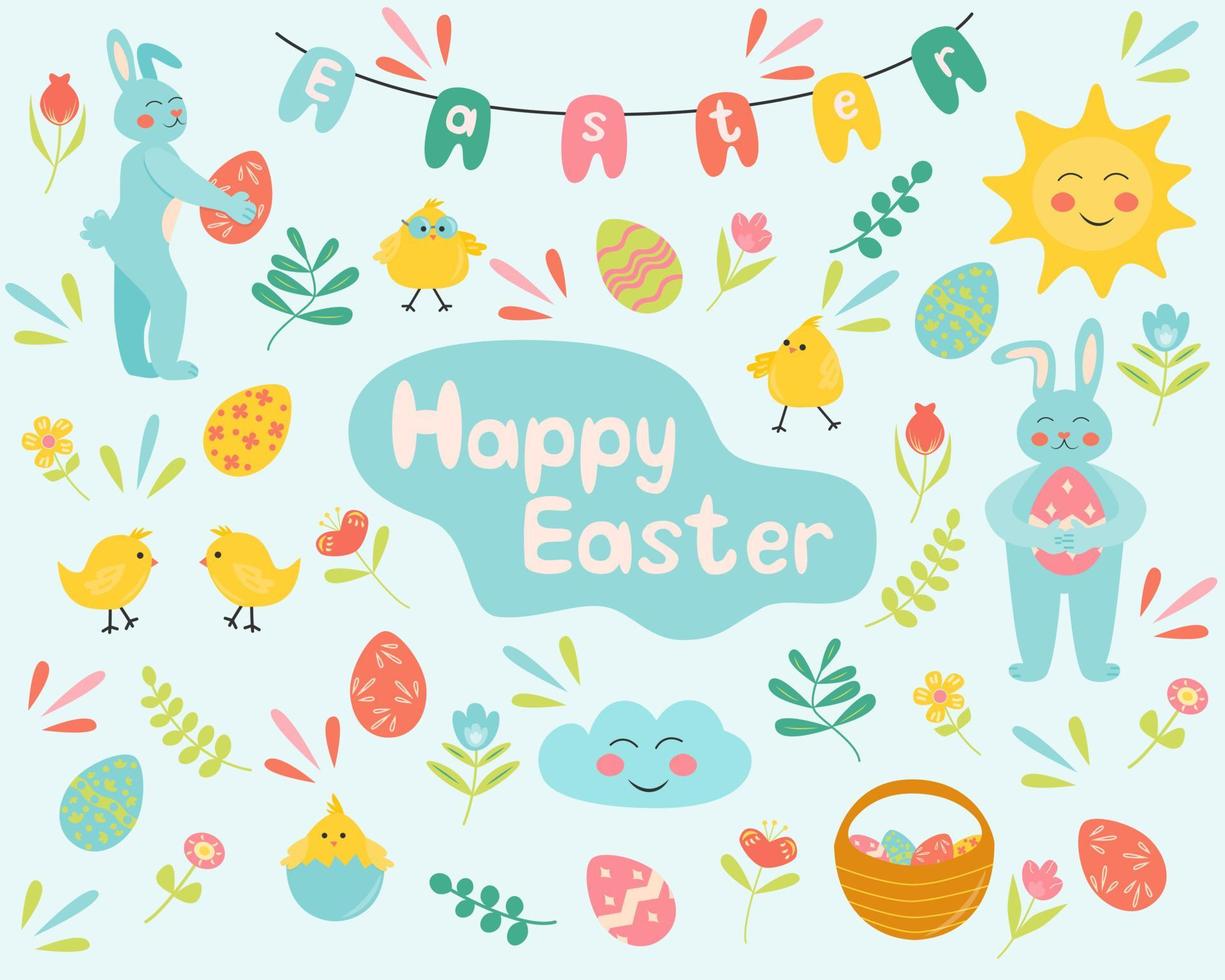 Easter set with spring design elements Flat vector illustration
