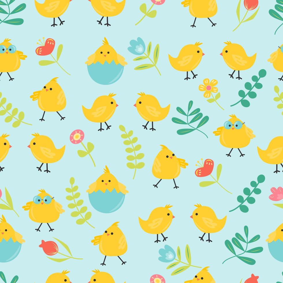 Seamless pattern with lovely chicken flowers and leaves Flat vector illustration