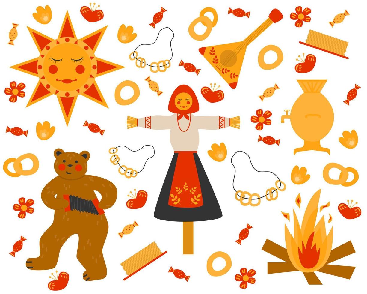Set of the Russian Pancake week Shrovetide or Maslenitsa Flat vector illustration