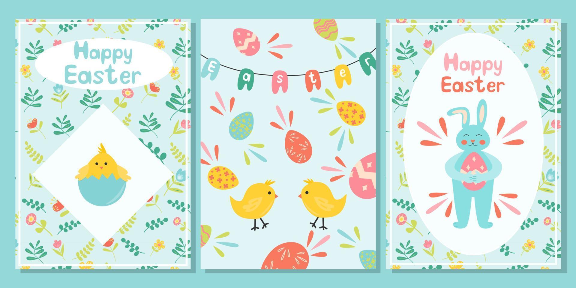 conjunto de tarjetas de felicitación para pancartas de pascua con pollo de conejito de pascua y patrón floral ilustración vectorial plana vector