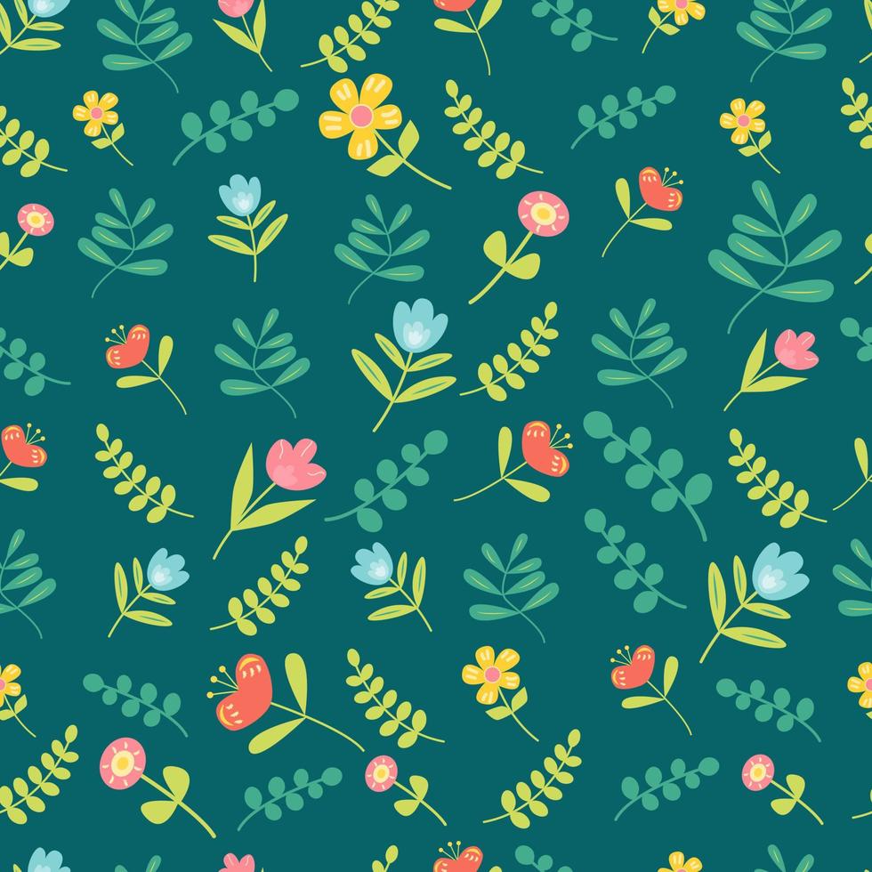 Spring garden floral seamless pattern with different flowers and leaves Flat vector illustration