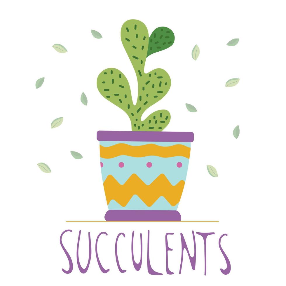 Hand drawn succulent in a colourful ceramic pot, doodle style, isolated on a white background. vector