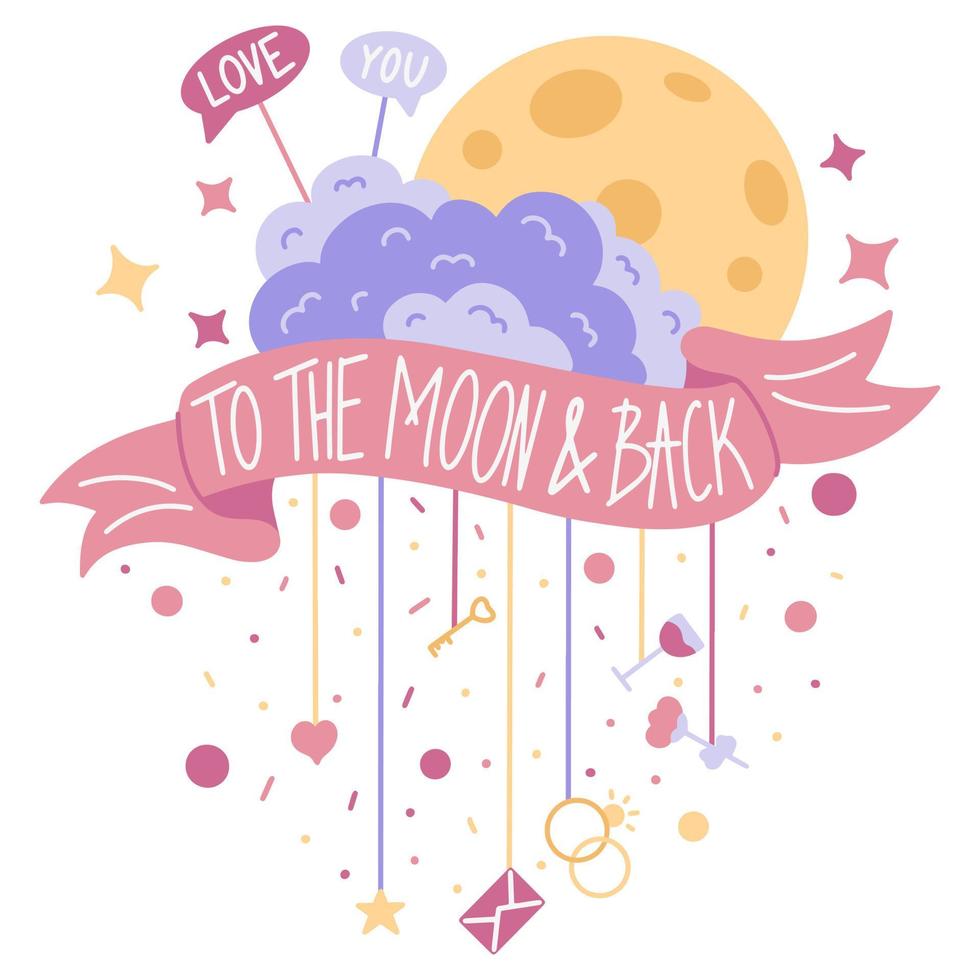 Tarjeta de felicitación de San Valentín con la imagen de las nubes y la luna, envuelta con un banner de cinta, con un mensaje de amor, te amo hasta la luna y de regreso, estilo doodle, aislado sobre fondo blanco. vector