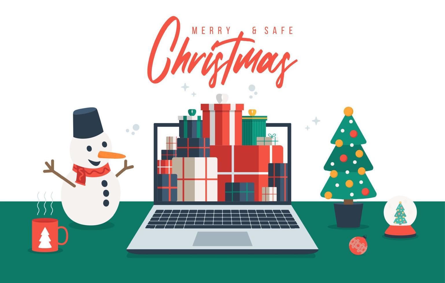 Christmas online shopping. Flat cartoon vector illustration with laptop screen with pile gift box, spruce, cup on the desk, winter holidays sales. Christmas due coronavirus