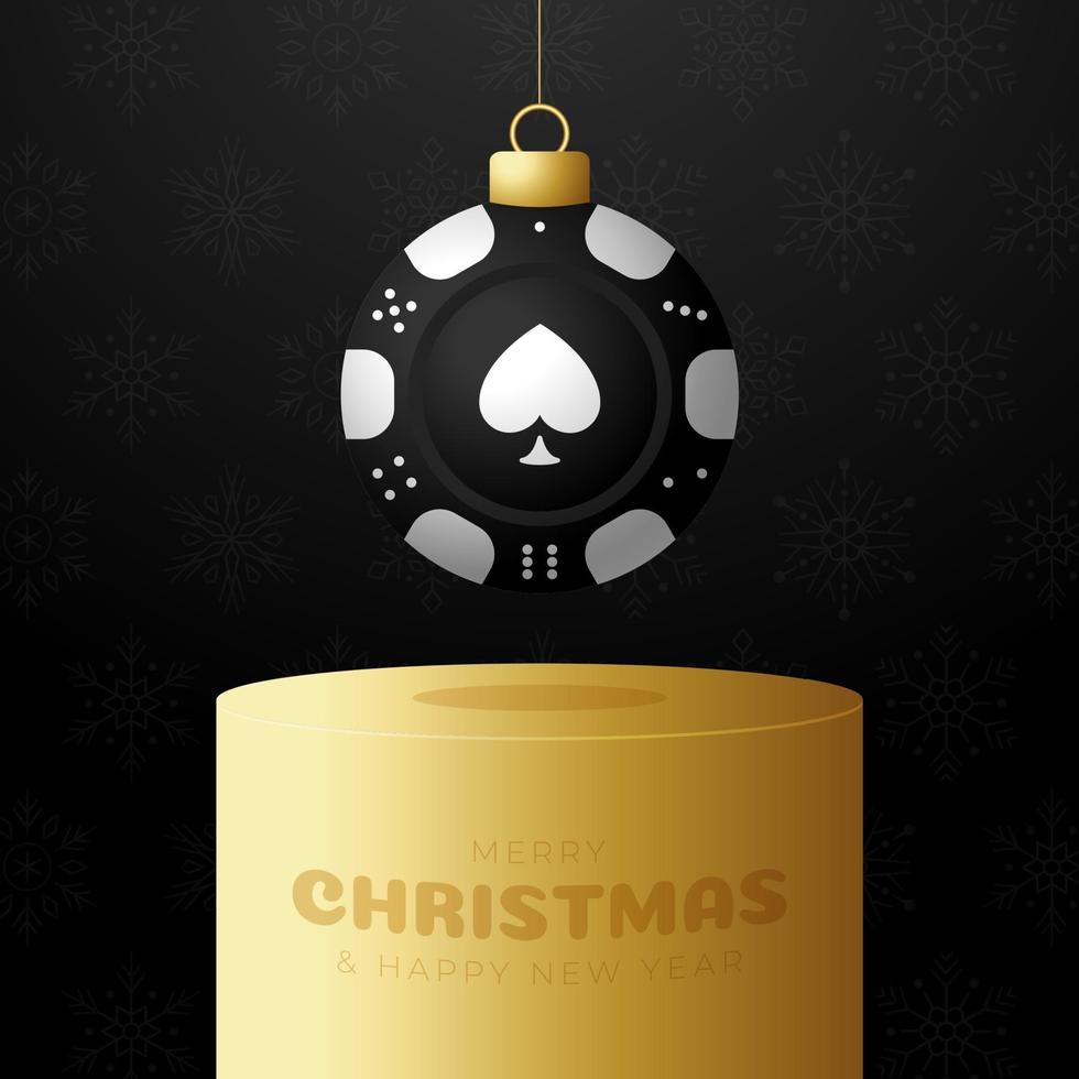 pedestal de adorno navideño de fichas de póquer. Feliz Navidad tarjeta de felicitación deportiva. colgar en un hilo de fichas de casino como una bola de Navidad en oro vector