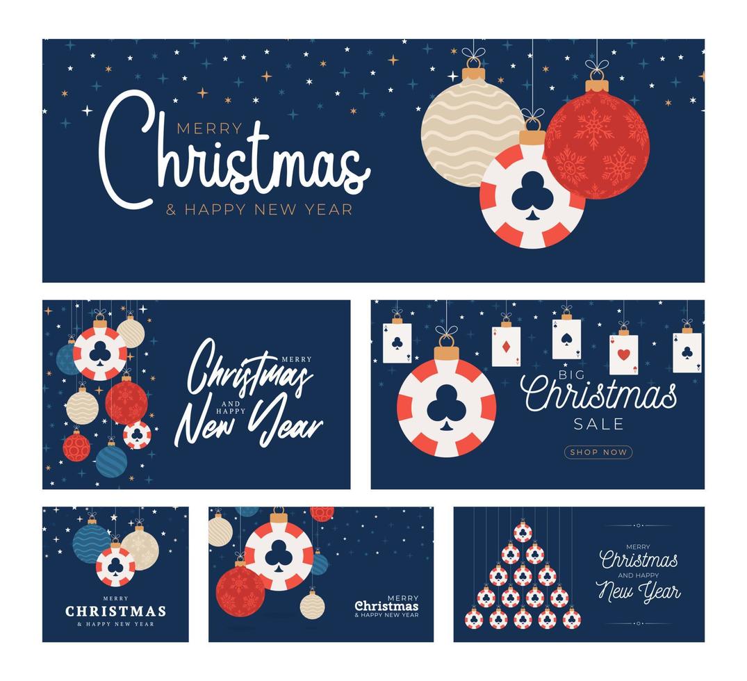 Casino Poker Christmas card flat set. Merry Christmas sport greeting card. Hang on a thread casino poker chip as a xmas ball and colorful bauble on blue star background vector