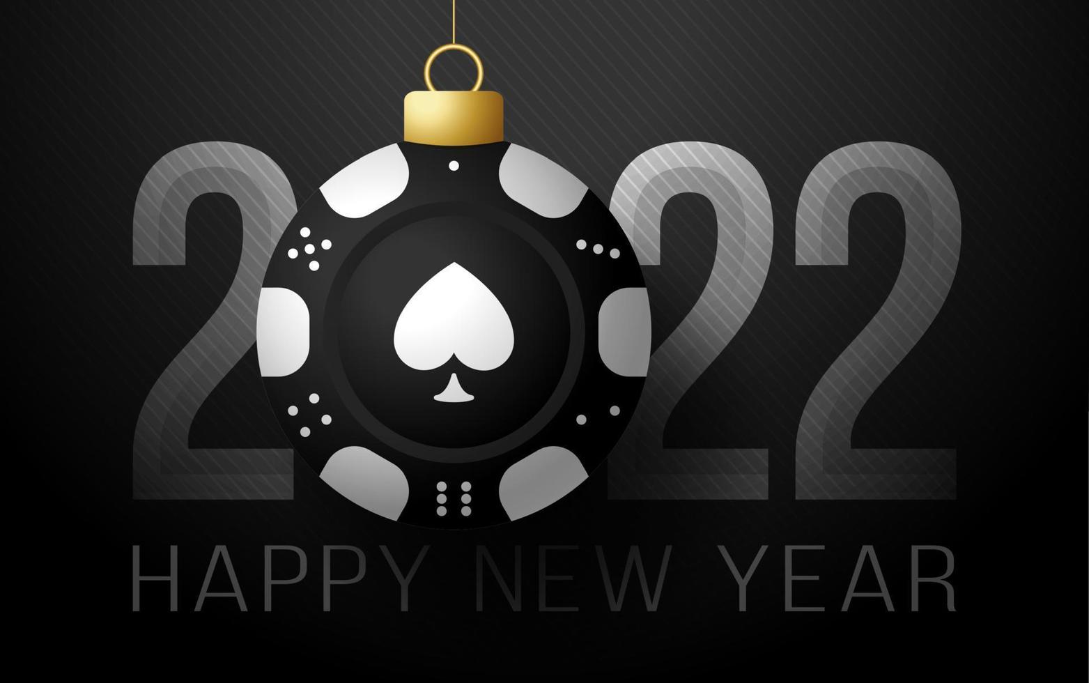 Casino poker chip 2022 Happy New Year. Sports gamble greeting card with casino poker chip on the luxury background. Vector illustration