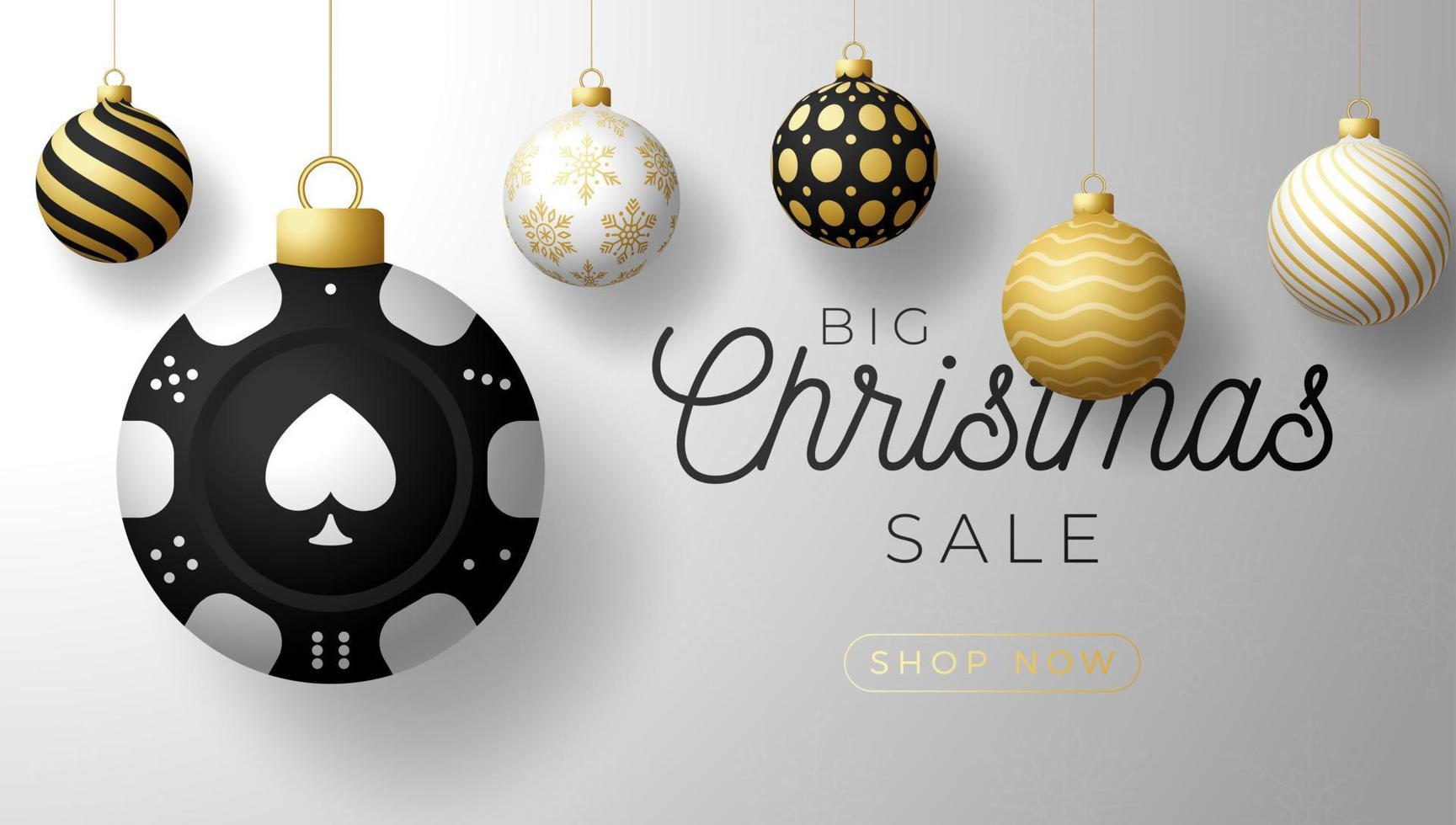 Casino Poker Christmas card. Merry Christmas sport greeting card. Hang on a thread casino poker chip as a xmas ball and golden bauble on gray background vector