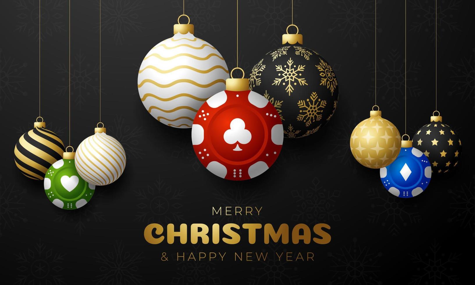 Casino Poker Christmas card. Merry Christmas sport greeting card. Hang on a thread casino poker chip as a xmas ball and golden bauble on black background vector