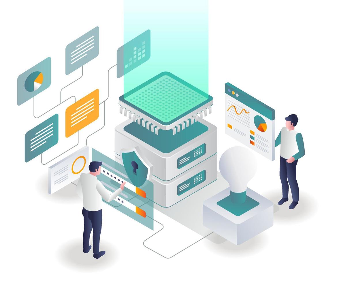 Man set up data chip network and security line vector