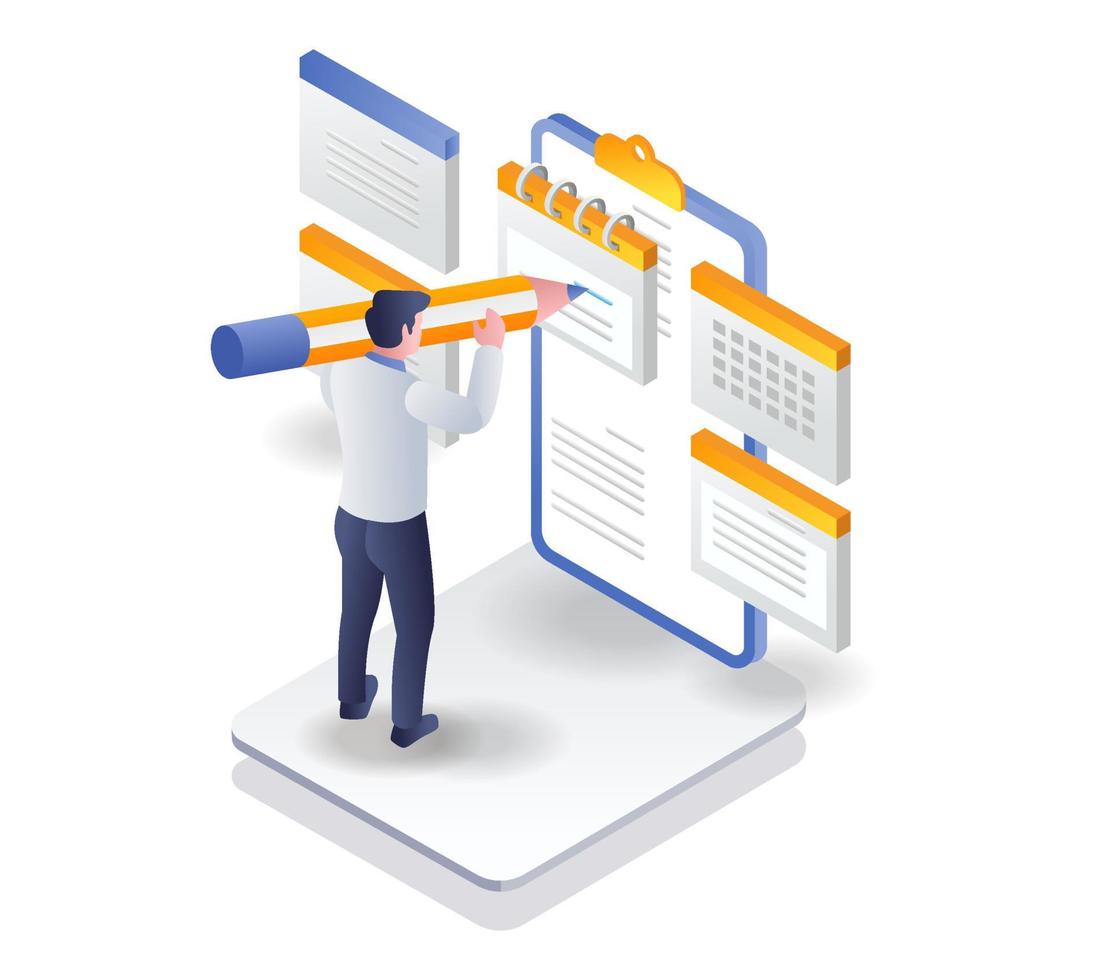 Man writing schedule plan in notepad vector