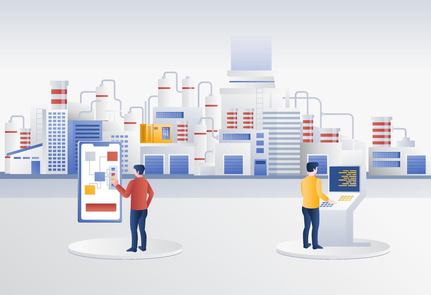 Operators control the factory remotely vector