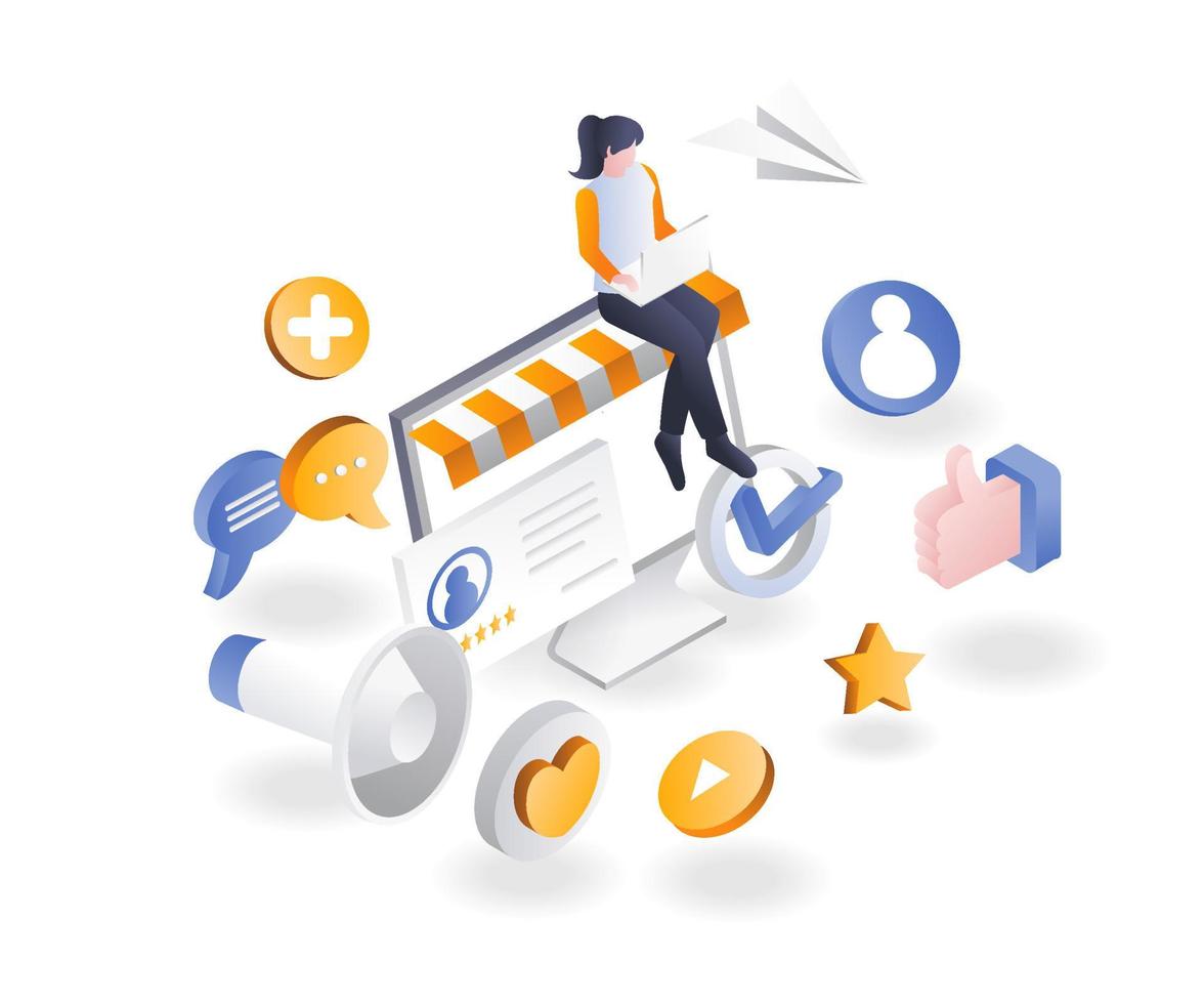 Girl using social media for digital marketing strategy vector