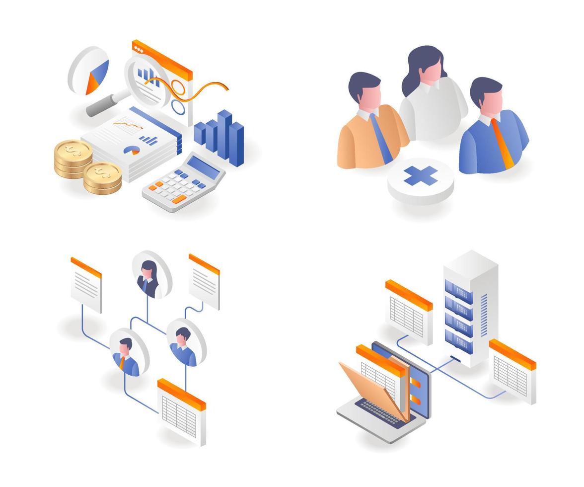 A set of data network icons and business analyst investors vector