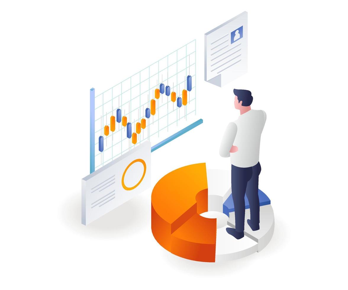 The man is analyzing the development of trading investment vector