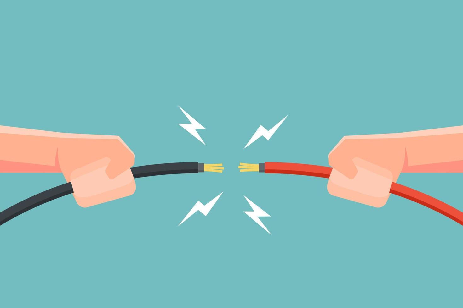 Hands holding electric cable with electricity spark. Vector illustration