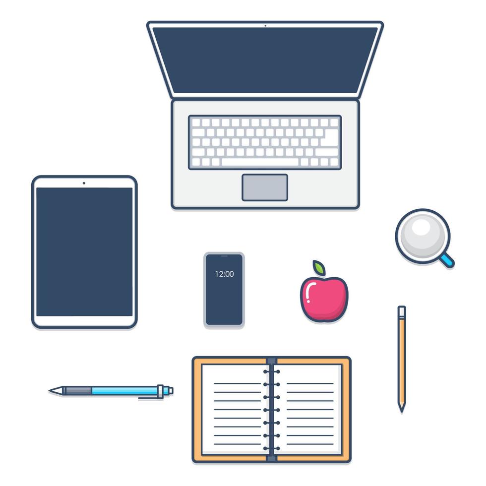 Set of Desk Technology with Laptop, Smartphone, Notebook. Vector illustration
