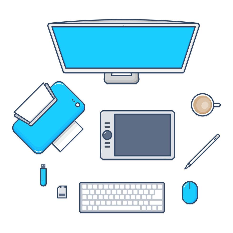 Set of PC Computer, Printer, Mouse pen, Keyboard, Flashdrive, SD card Icons. Vector illustration