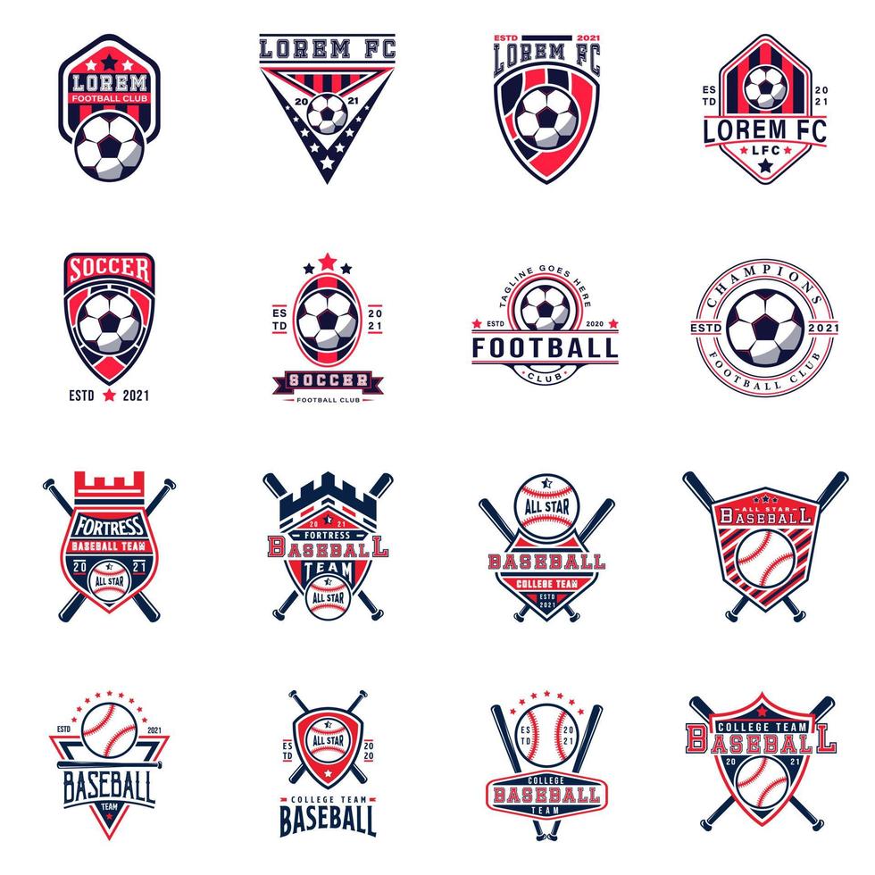 conjunto de plantillas de diseño de logotipo de insignia de equipo de fútbol y béisbol. ilustraciones de vectores de identidad de equipo deportivo aisladas sobre fondo blanco. colección de gráficos de camisetas con logo deportivo