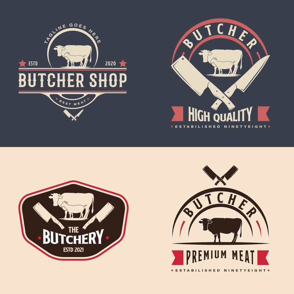Set of Vintage Retro Butcher Shop Logo Design. With crossed cleavers or knives, goat or sheep, and cow icons. Premium and luxury logo vector