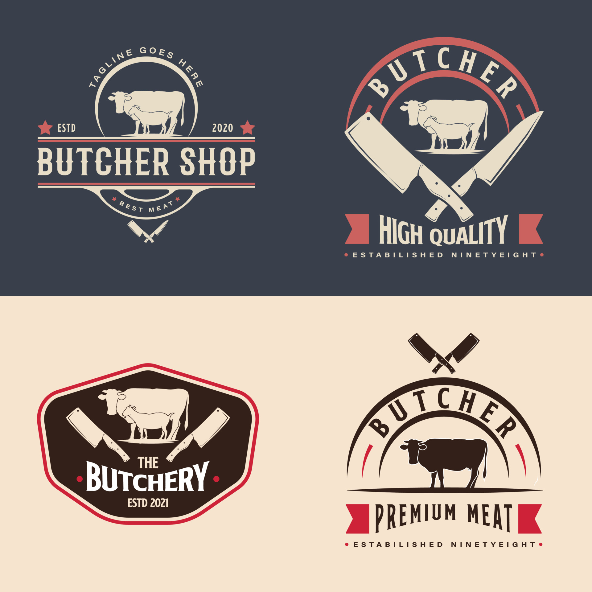 Set of Vintage Retro Butcher Shop Logo Design. With crossed cleavers or