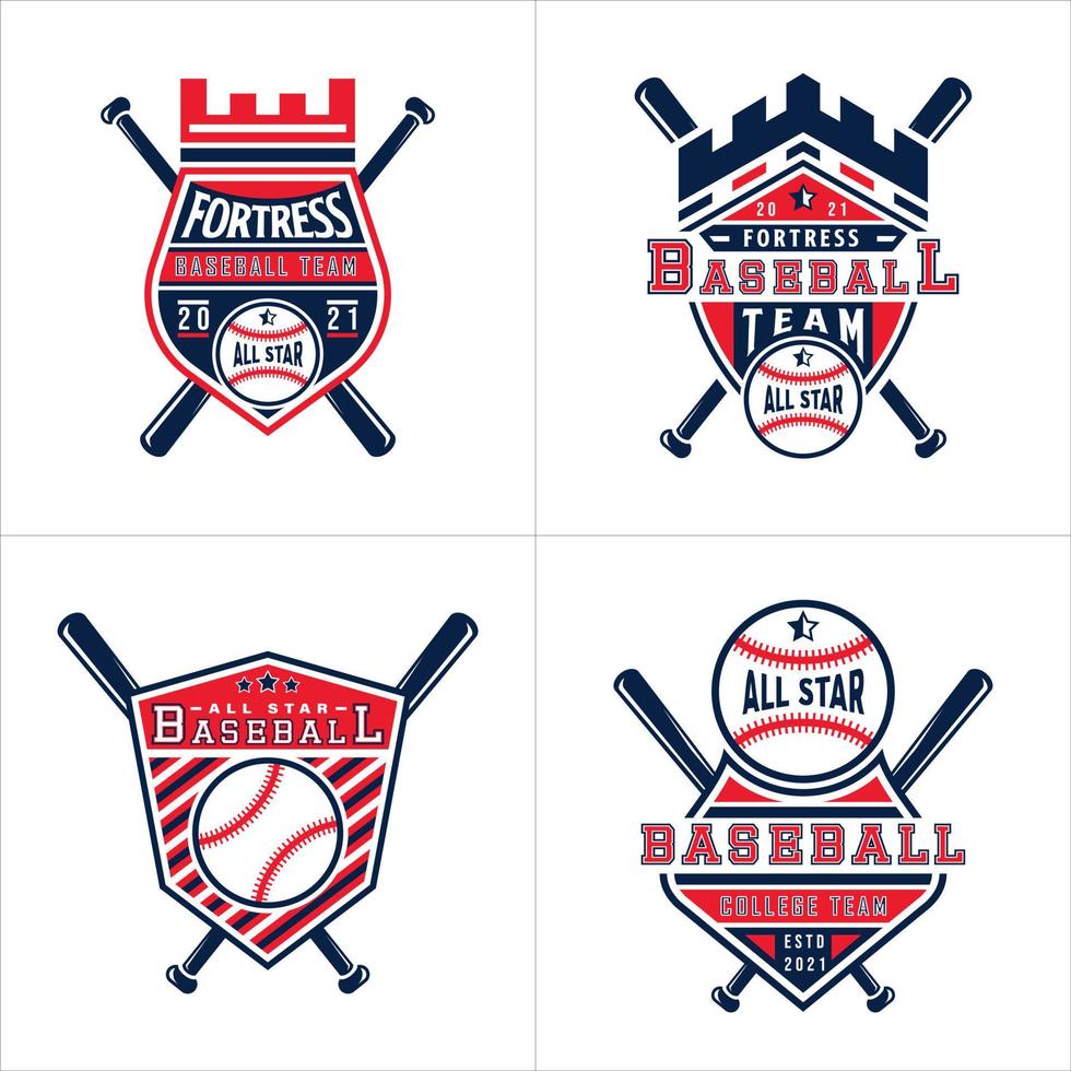 conjunto de plantillas de diseño de logotipo de insignia de béisbol. ilustraciones de vectores de identidad de equipo deportivo aisladas sobre fondo blanco. gráficos de camisetas con temática de béisbol