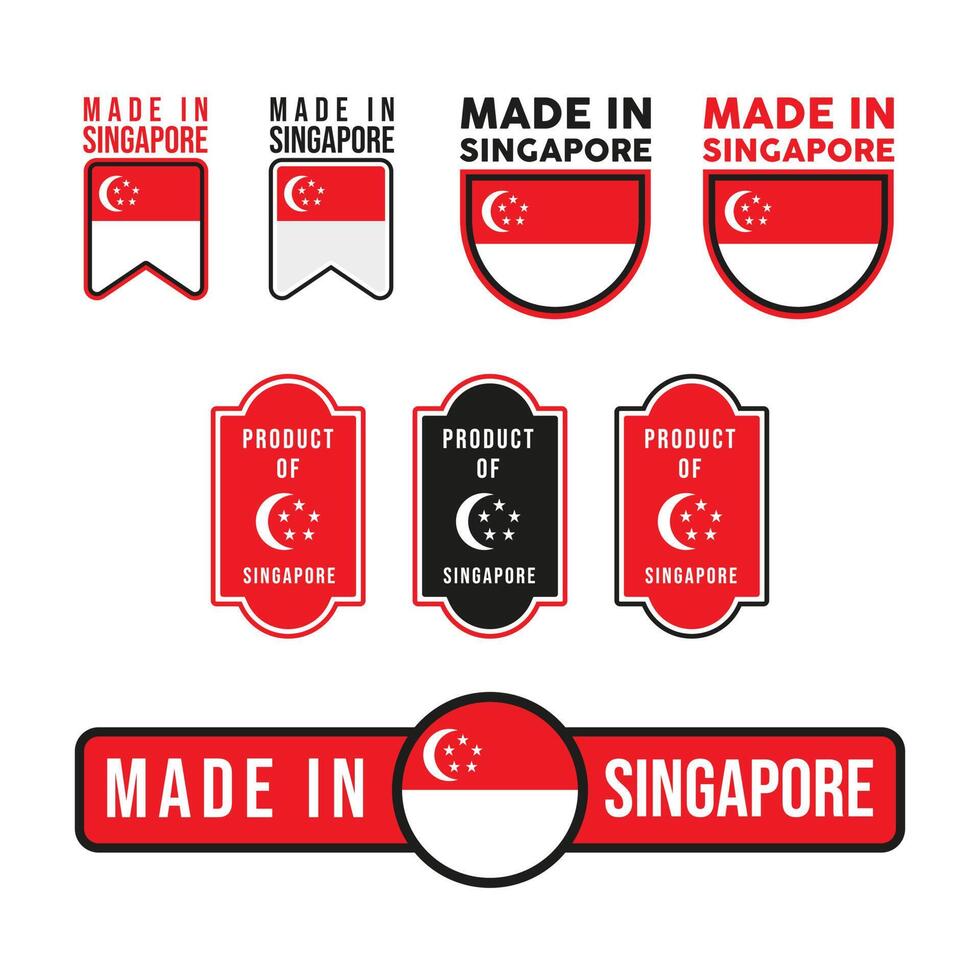 Conjunto de etiqueta, sello o logotipo hecho en Singapur. con la bandera nacional de Singapur y la luna creciente, icono de estrellas vector