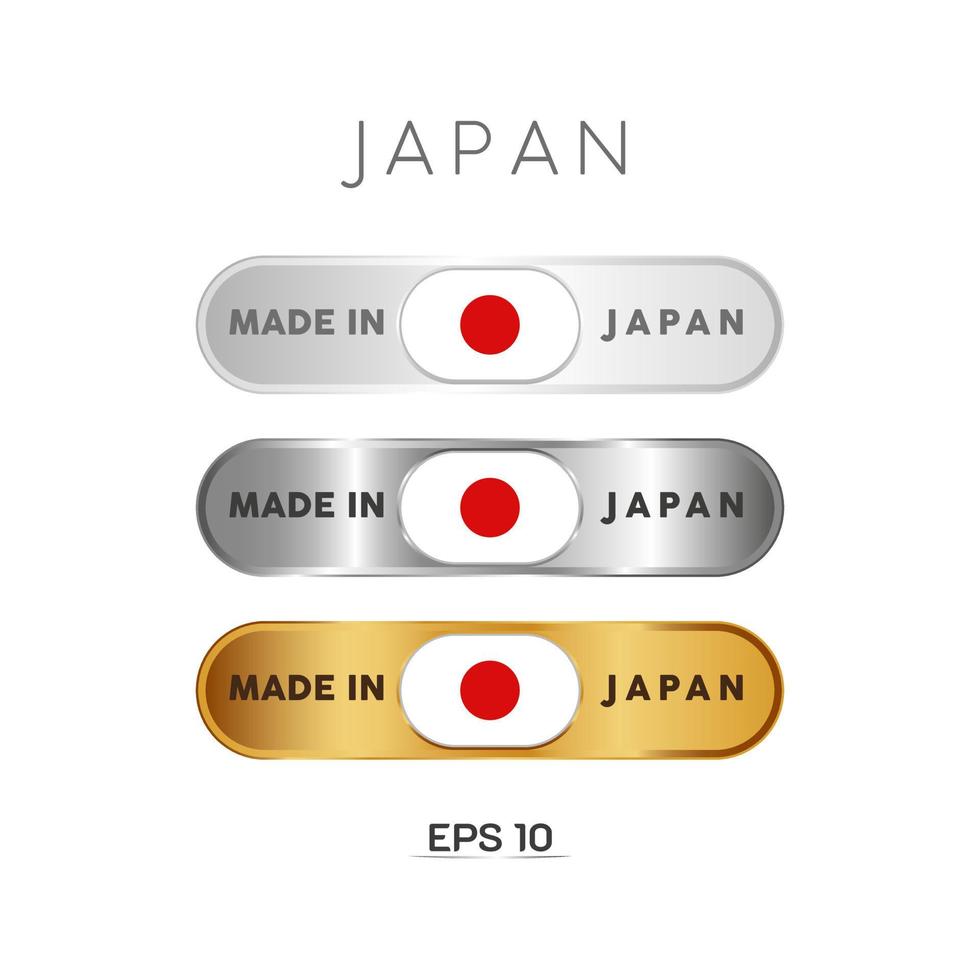 hecho en Japón etiqueta, sello, insignia o logotipo. con la bandera nacional de japón. en platino, oro y plata. emblema premium y de lujo vector