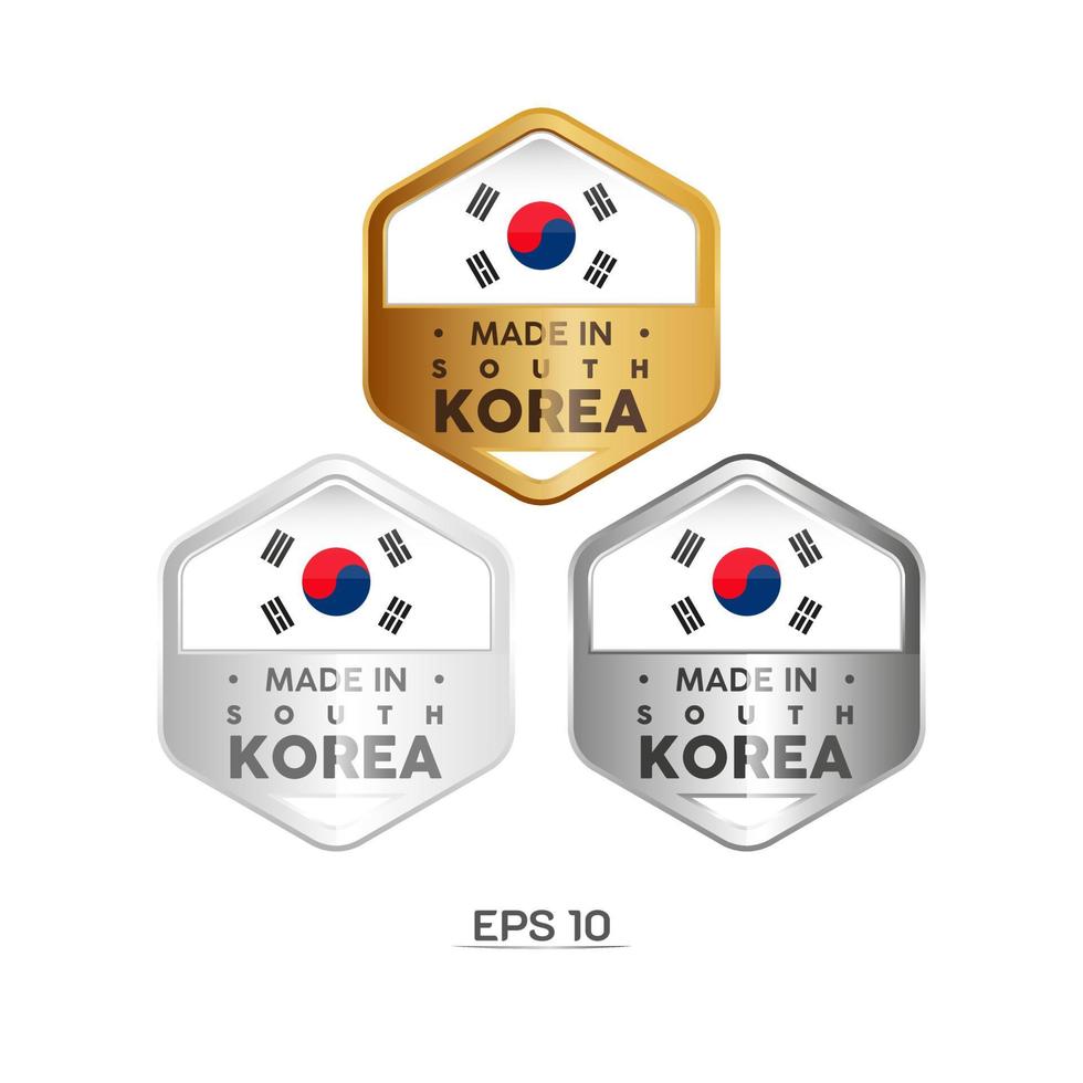 Made in South Korea Label, Stamp, Badge, or Logo. With The National Flag of South Korea. On platinum, gold, and silver colors. Premium and Luxury Emblem vector