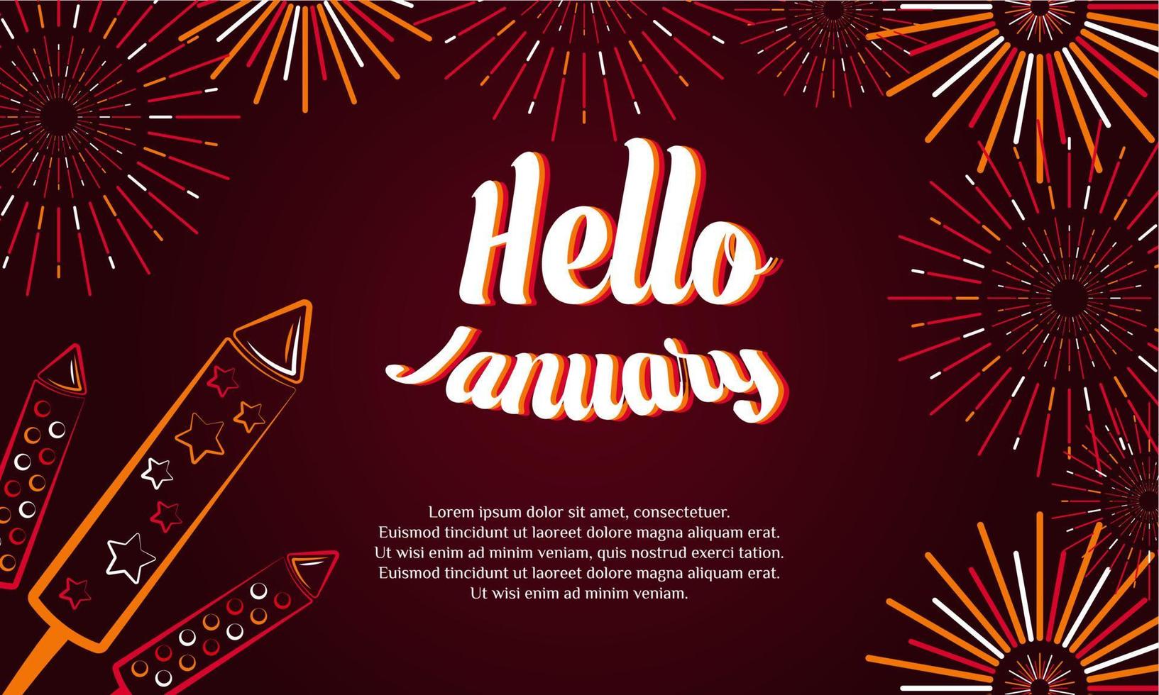 Hello January Background or Greeting Card Design. With gunpowder, fireworks, and bonfire icon. Premium vector template