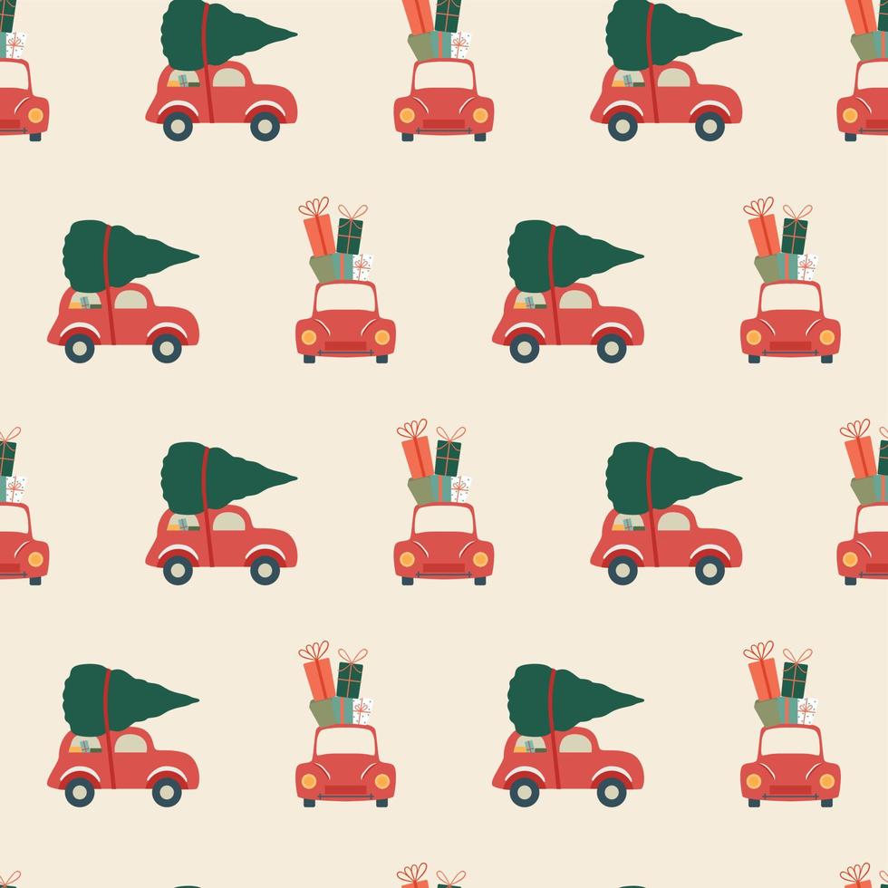 Seamless Christmas pattern with red cars boxes of present tree vector